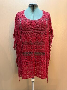 Red Crochet Lace Fringe Poncho Top Boho Festival Open Knit No Tag Size 18